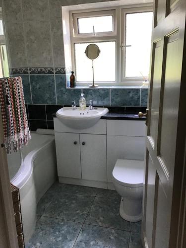 a bathroom with a sink and a toilet and a window at Valley View Farm, Bed and Breakfast in Batcombe
