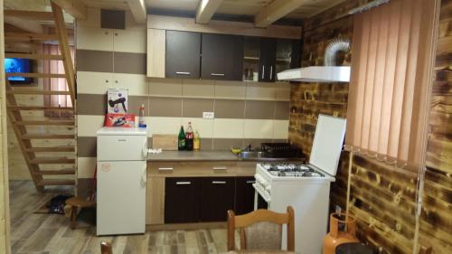 a kitchen with a white refrigerator and a stove at Zaovinski Raj2 Tara in Konjska Reka
