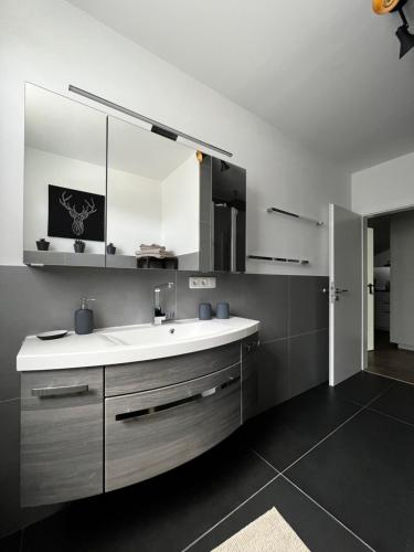 ein Bad mit einem Waschbecken und einem Spiegel in der Unterkunft Ferienwohnung Sonnengarten in Schönberg