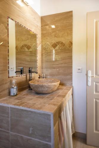 une salle de bain avec un lavabo en pierre et un miroir dans l'établissement Les Manaux en Provence, à Roquevaire