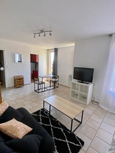 un salon avec un canapé et une télévision dans l'établissement Appartement 2 pièces à Nevers, à Nevers