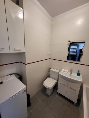 a small bathroom with a toilet and a sink at Apartament Centrum in Iława