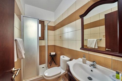 a bathroom with a toilet and a sink and a shower at Villa Yiolani by Villa Plus in Lachi