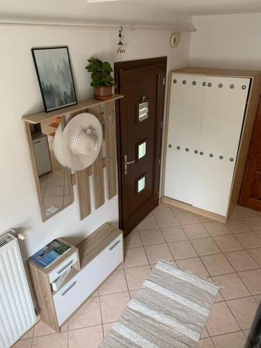 a room with a closet with a mirror and a door at LakeLove Házikó Sopron- Erdő és tópart mellett in Sopron