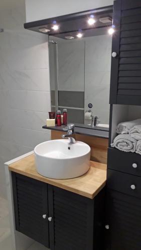 une salle de bain avec un lavabo blanc et un miroir dans l'établissement Etoilevacances gites Tournesol en Olive, à Saint-Cézaire-sur-Siagne