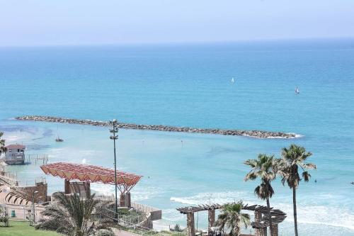 uma vista para uma praia com palmeiras e para o oceano em Park hotel em Netanya