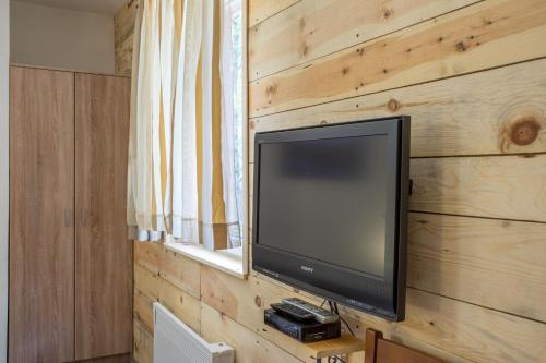 a flat screen tv hanging on a wooden wall at Apartments Peaks in Žabljak