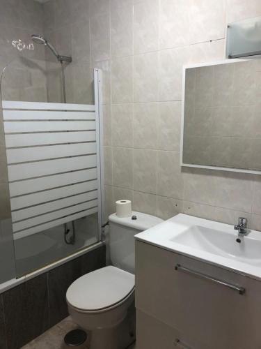 a bathroom with a toilet and a sink and a mirror at Pensión Cantabrico in Navia