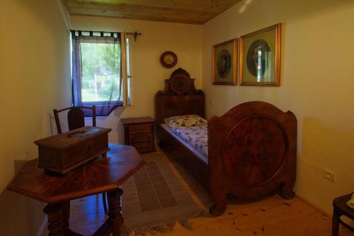 1 dormitorio con cama, mesa y escritorio en Apartma Caprivi Zavod za razvoj turizma Kočevski rog, en Kočevje