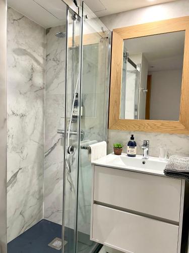 une salle de bain avec douche et lavabo dans l'établissement Les Petits Volets 2, à Antibes