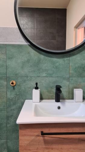 a bathroom with a white sink and a mirror at Urocze Apartamenty na Wsi in Golędzinów