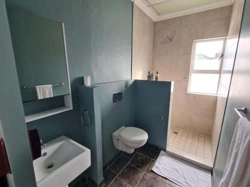 a bathroom with a toilet and a sink and a shower at The Beach Hide in East London