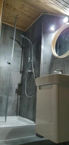 a bathroom with a shower with a sink and a tub at ROZTOCZE u ALEKSA SUSIEC - JACUZII , GORĄCA BALIA!!! in Susiec
