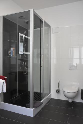 a bathroom with a glass shower and a toilet at Hotel Garni Am Klostermarkt in Plauen