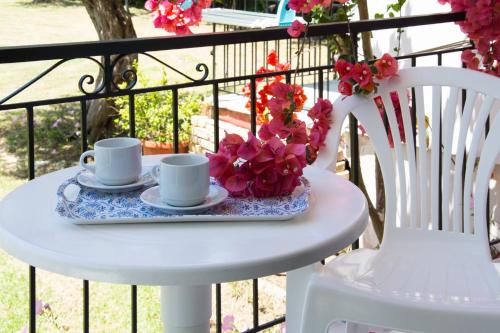 einen Tisch mit zwei Tassen und Blumen auf einem Balkon in der Unterkunft Maria's Apartments in Kavos