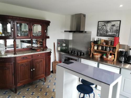 a kitchen with wooden cabinets and a counter top at Le Logis de la Ferme aux Cerfs in Le Houga