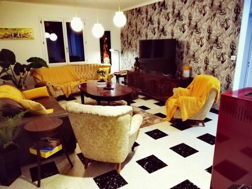 a living room with couches and a tv at Le Logis de la Ferme aux Cerfs in Le Houga