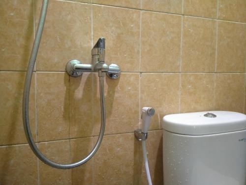 a shower in a bathroom with a toilet at Villa Batu Tua Puncak Mitra RedDoorz in Bogor