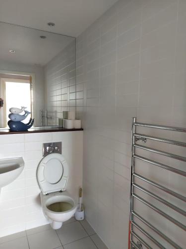 a white bathroom with a toilet and a sink at City Centre Penthouse Apartment in Sunderland