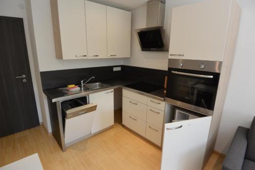 a small kitchen with white cabinets and a sink at Alpenchalet Karwendel in Mittenwald