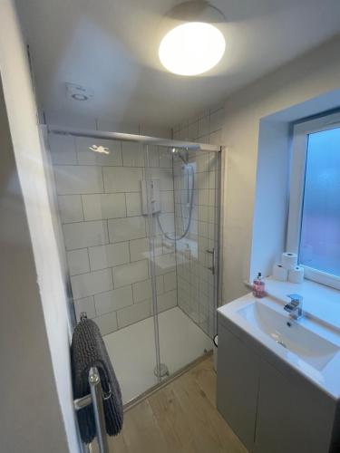 uma casa de banho com um chuveiro e um lavatório. em Alpine Apartments - 1 em Blairgowrie