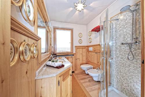 een badkamer met een douche, een wastafel en een toilet bij Luxury Apt Dolomites 2 in Pinzolo