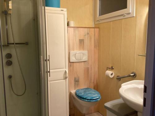 une petite salle de bain avec toilettes et lavabo dans l'établissement L’étoile de mer , maison en plein centre ville, à Bretignolles-sur-Mer