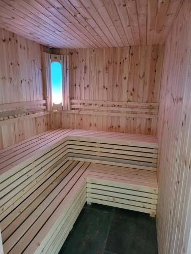an empty sauna with wooden walls and ceilings at Hotel Padesul in Făget