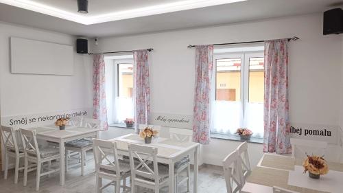 a room with tables and chairs and windows at Penzion HARMONIE in Trhové Sviny