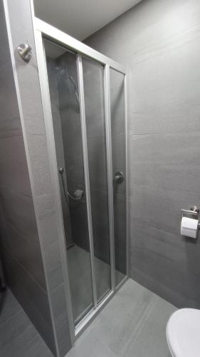 a shower with a glass door in a bathroom at Penzion HARMONIE in Trhové Sviny