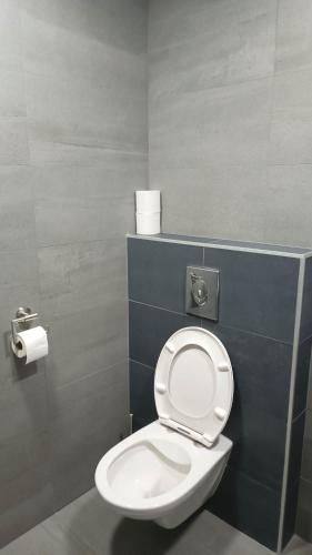 a bathroom with a white toilet in a stall at Penzion HARMONIE in Trhové Sviny