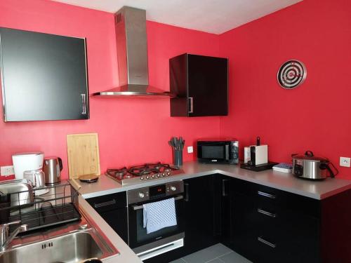 een keuken met rode muren en een fornuis top oven bij La Ribote in Sancerre