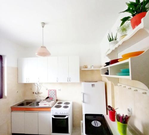a kitchen with a stove and a white refrigerator at Joković Accommodation in Kotor