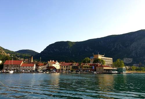 a town on the water with mountains in the background at Kotor Center W in Kotor