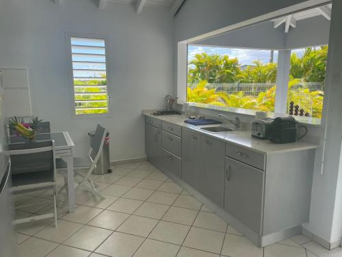 a kitchen with a sink and a large window at Gîtes de Corneille, Bungalow Little Banania in Le Moule