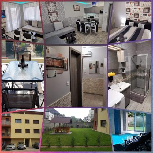 a collage of pictures of different rooms and buildings at Sweet&Center Wellness apartman in Siófok