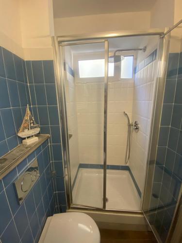 y baño con ducha y aseo. en Cà Della Valletta, en Riomaggiore