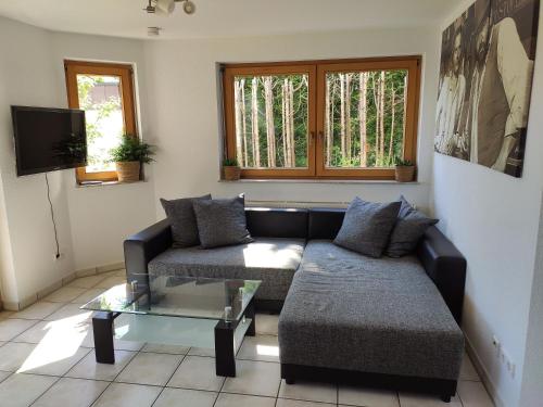 a living room with a couch and a coffee table at Ferienwohnung am Trillenbühl in Salem