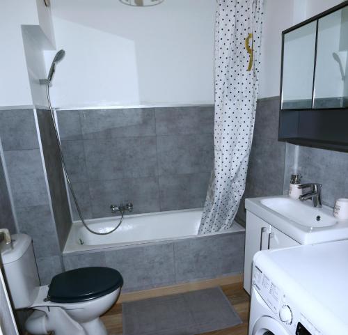 une salle de bain avec une baignoire, des toilettes et un lavabo dans l'établissement Grand studio 4 couchages proche mer, à Antibes