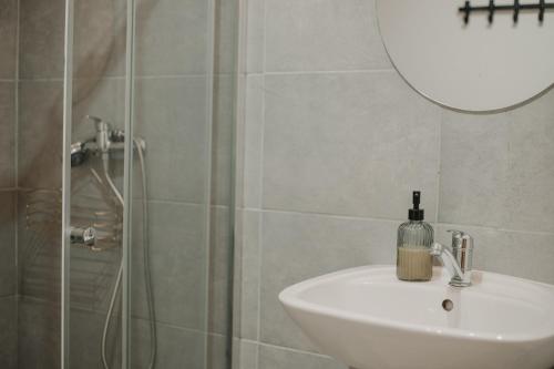 a bathroom with a sink and a shower with a mirror at Gallery Apartment 2 in Martin
