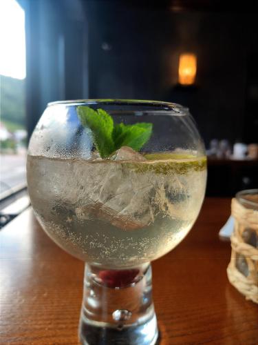 a glass of water with a green plant in it at Hôtel Influences La Bresse in La Bresse