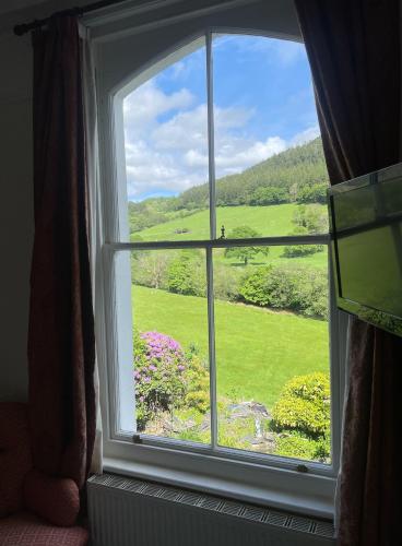 a window with a view of a green field at The Buckley Arms in Dinas Mawddwy