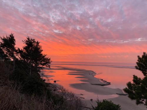 a sunset over a beach with trees and the ocean at Panoramic Promontory: Bay View Beach House in Waldport