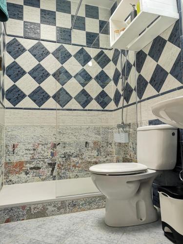 a bathroom with a toilet and a shower and a sink at Maspalomas Casa La Loba in Maspalomas