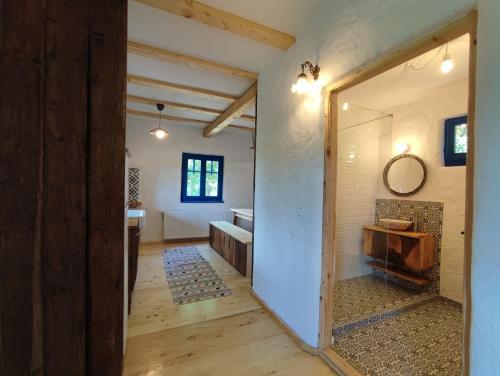 a bathroom with a tub and a sink and a mirror at La sat - Radu Dragu in Bertea