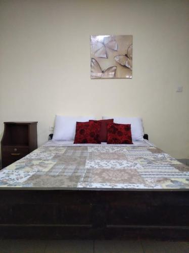 a bedroom with a large bed with red pillows at Zion INN in Kigali