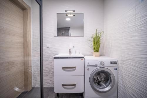 a bathroom with a washing machine and a sink at Villa Nesa - beautiful guest house at continental Croatia with Outdoor swimming pool, Sauna and 3 Bedrooms in Plaški