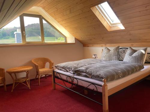 a bedroom with a bed and a window and chairs at Ferienwohnung-Ferienhaus am Picho in Arnsdorf