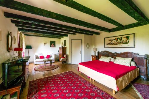 a bedroom with a large bed and a red rug at Le Clos d'Albray - Chambres d'hôtes et gite in Comps-la-Grand-Ville