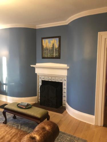 a living room with a fireplace and a couch at OneSixtyFive, The Inn on Park Row in Brunswick
